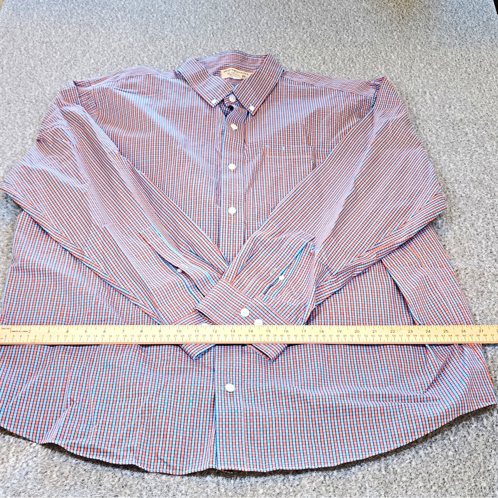 Duluth Trading Co Wrinklefighter Button Up Shirt 2XL Orange/Blue Check Cotton